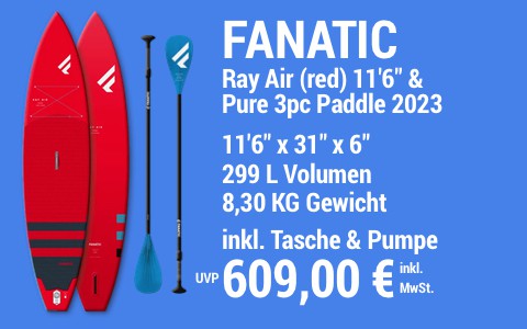 2023 FANATIC 609 MAIN SUP Showroom 2023 Fanatic Ray Air red SET 11622x3122x622 Pure 3pc Paddle